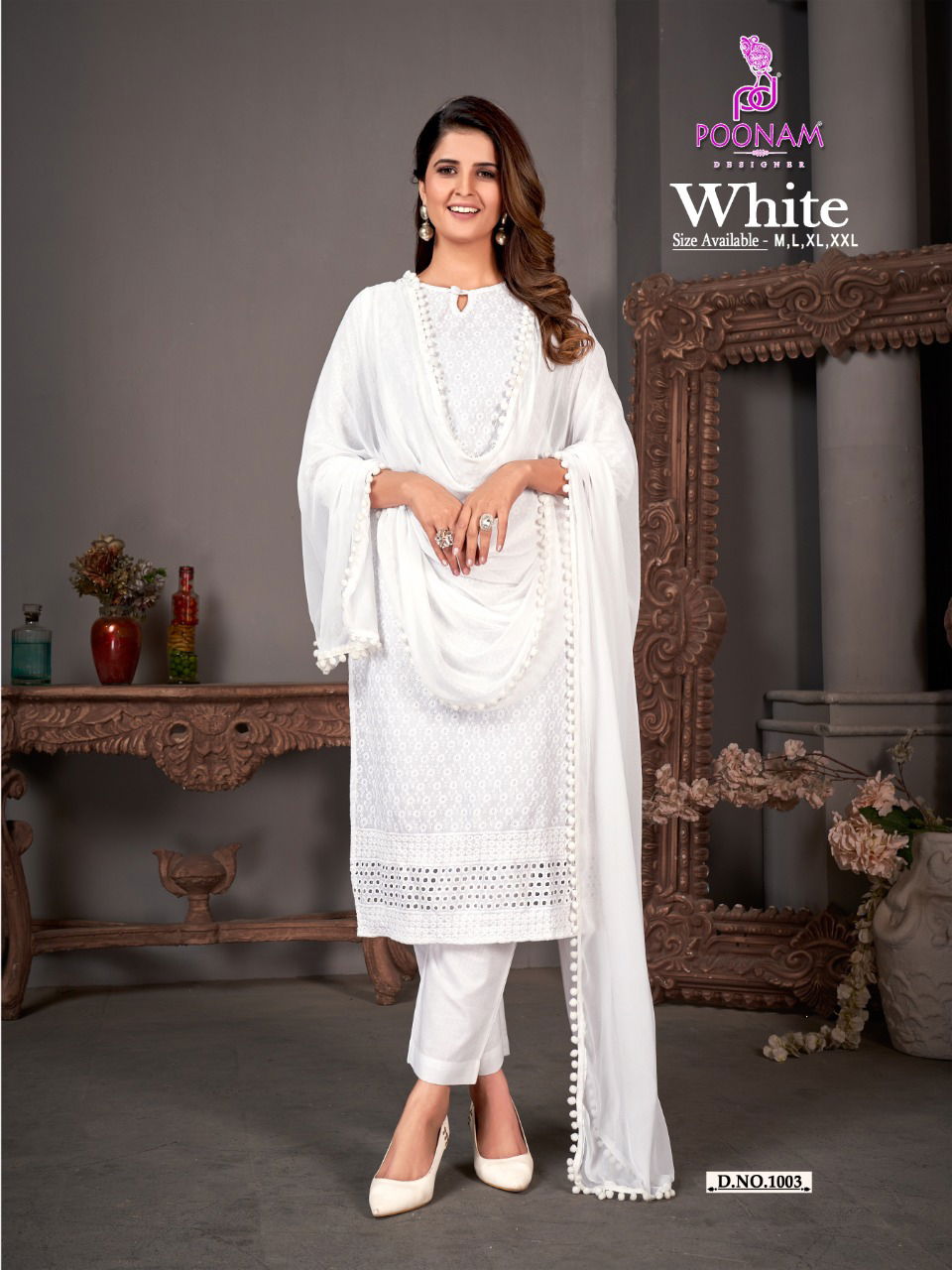 Poonam White Ethnic Wear Wholesale Designer Readymade Suit Catalog
